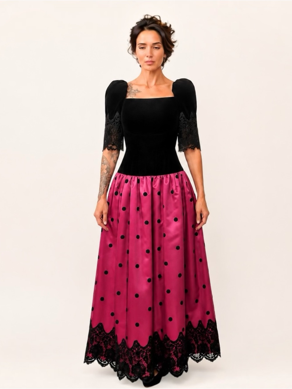 Vtg 80s William Pearson Velvet Satin Lace Gown Dress Puff Sleeves Whimsigoth XS